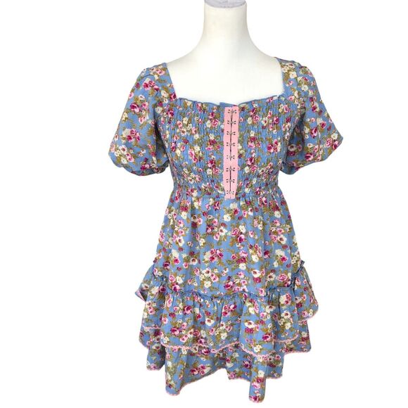 Allison & Kelly Babydoll Smocked Floral Cottagecore Peasant Mini Dress NWT Sz‎ S - Picture 1 of 16